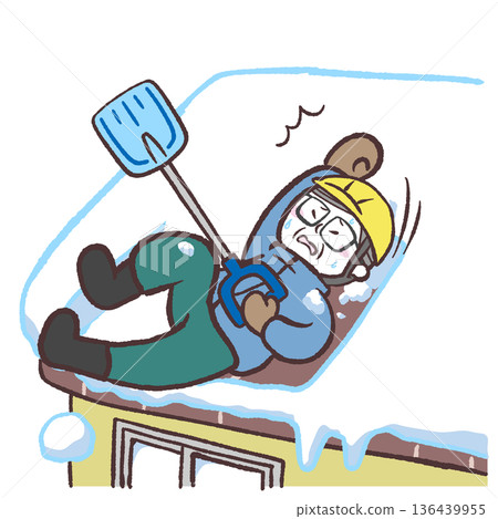 Illustration of a senior man slipping while removing snow from the roof 136439955