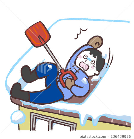Illustration of a man slipping while removing snow from a roof Illustration of a man slipping while removing snow from a roof 136439956