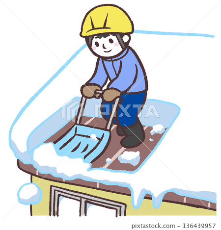 Illustration of a man removing snow from a roof Illustration of a man removing snow from a roof 136439957