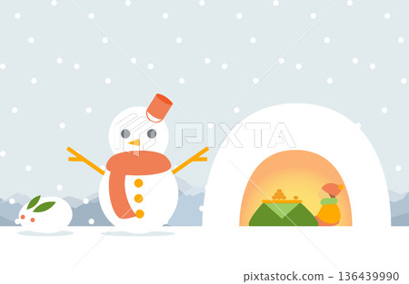 Snowy landscape with snow huts and snowmen Snowy landscape with snow huts and snowmen 136439990