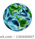 Watercolor Earth Globe with Blue Ocean and Green Continents Isolated on White Background. 136440007