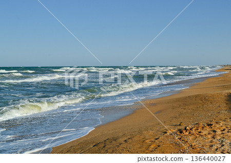 Soft Beach Waves Rolling to the Shore, Glimmering in the Sunlight, Inviting Relaxation and Peace on the Coastal Landscape. 136440027
