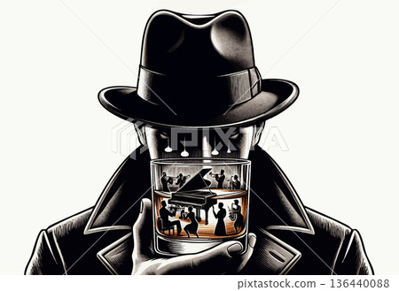 Mysterious man holding jazz scene in whiskey glass Mysterious man holding jazz scene in whiskey glass 136440088