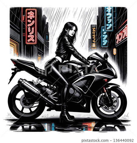 Stylish woman on motorcycle in neon-lit city rain 136440092