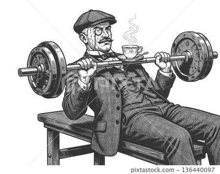 gentleman bench pressing barbell with teacup gentleman bench pressing barbell with teacup 136440097