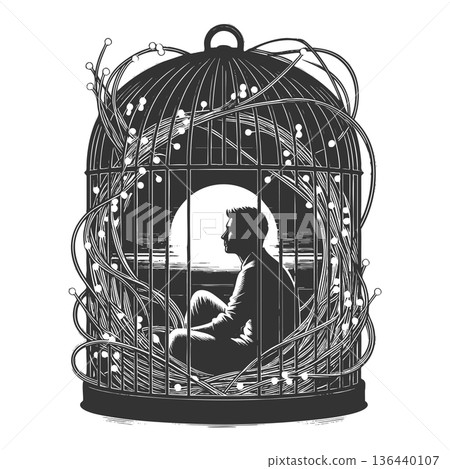 Man in digital cage of connectivity and isolation 136440107