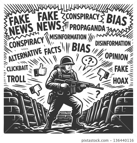Soldier overwhelmed by fake news and propaganda Soldier overwhelmed by fake news and propaganda 136440116
