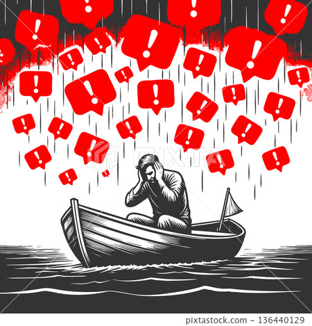 Overwhelmed man in boat under digital stress storm Overwhelmed man in boat under digital stress storm 136440129
