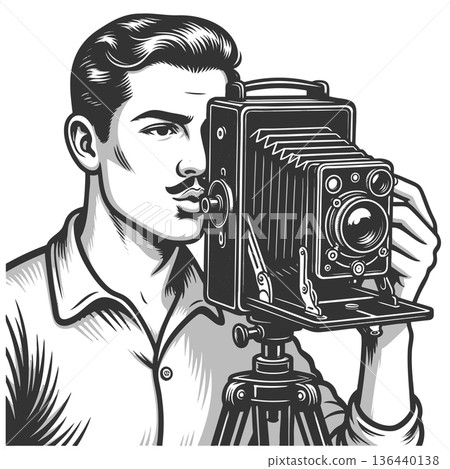 Vintage photographer using antique bellows camera Vintage photographer using antique bellows camera 136440138