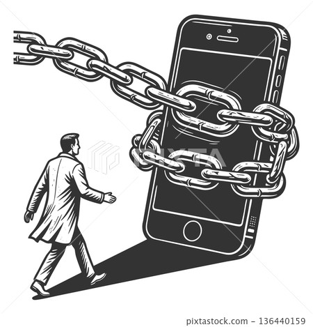 Man confronting chained smartphone raster Man confronting chained smartphone raster 136440159