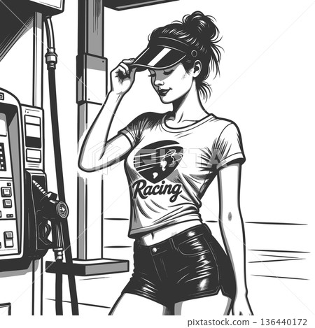 Smiling woman in racing outfit at gas station 136440172