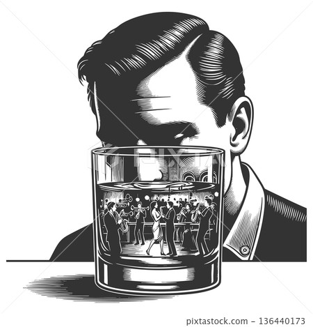 Man gazing into glass filled with dancing memories Man gazing into glass filled with dancing memories 136440173