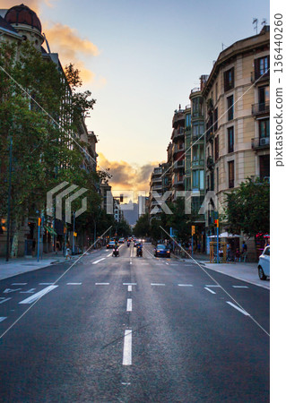 Picturesque view of sunset Barcelona city streets, Spain Picturesque view of sunset Barcelona city streets, Spain 136440260