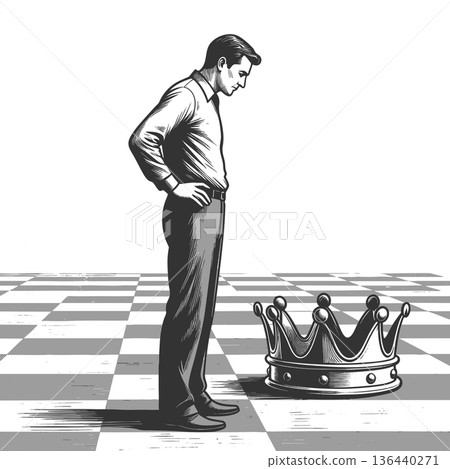 Man contemplating crown on chessboard vector Man contemplating crown on chessboard vector 136440271