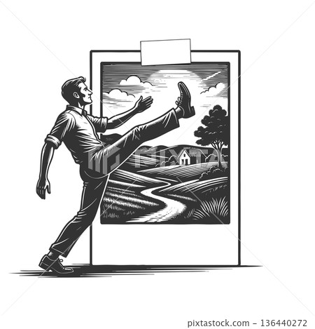 Man stepping into idyllic landscape vector Man stepping into idyllic landscape vector 136440272