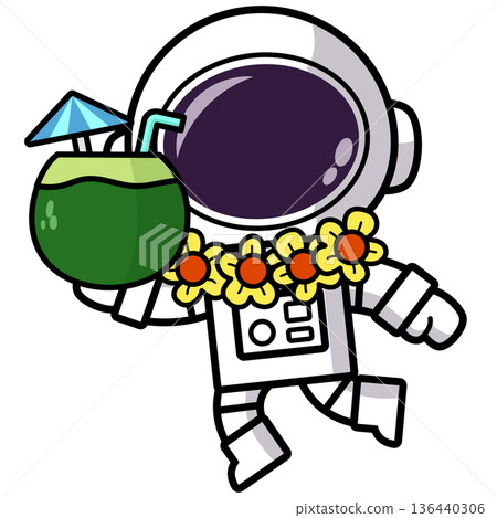 Cute Astronaut on Tropical Vacation with Coconut water, Summer Cosmic Vacation  136440306