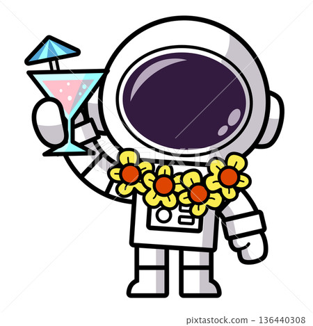 Cute Astronaut on Tropical Vacation with Coconut water, Summer Cosmic Vacation  136440308