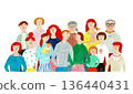 A watercolor illustration of a large family gathering together, with three generations from grandparents to babies 136440431