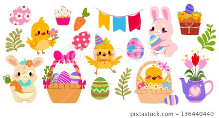 Easter bunny, chick and colored eggs elements Easter bunny, chick and colored eggs elements 136440440