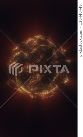 Glowing golden particle orb with red light rays on dark background, abstract cosmic energy sphere for futuristic technology, power, and sci-fi concepts 136440449