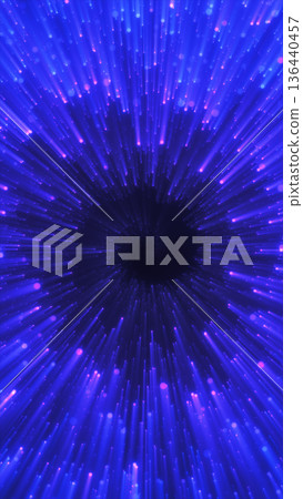 Blue hyperspace tunnel with radial light streaks and particles rushing into a dark center, sci-fi warp speed background 136440457
