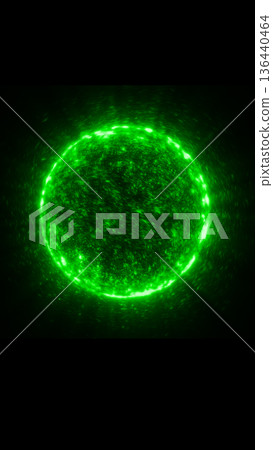 Glowing green energy sphere made of dynamic particles floating in darkness, symbolizing power and transformation Glowing green energy sphere made of dynamic particles floating in darkness, symbolizing power and transformation 136440464