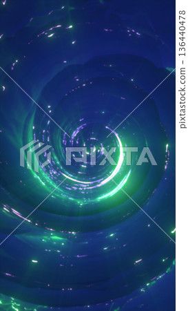 A luminous green and blue spiral of swirling energy forming a glowing cosmic vortex 136440478