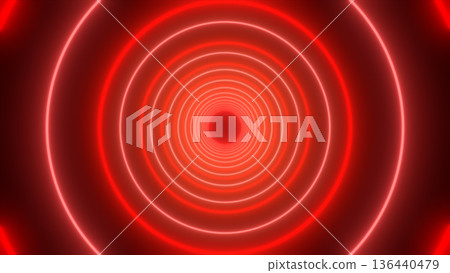 Intense red concentric neon rings forming a glowing tunnel, abstract energy portal backdrop with symmetry, depth, and cinematic light 136440479