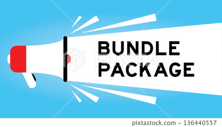 Color megaphone icon with word bundle package in white banner on blue background Color megaphone icon with word bundle package in white banner on blue background 136440557