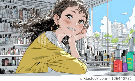 一位年輕女子在藥局挑選化妝品 136440785