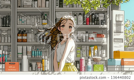一位年輕女子在藥局挑選化妝品 一位年輕女子在藥局挑選化妝品 136440802