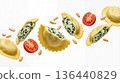 Dynamic image of ravioli pasta, tomato, and pine nuts. Healthy Eating Day 136440829