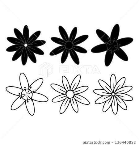 Collection of black daisy flower icons in solid silhouette and outline styles, perfect for logo design, branding, decorative elements, print, packaging, and modern botanical themed projects. Collection of black daisy flower icons in solid silhouette and outline styles, perfect for logo design, branding, decorative elements, print, packaging, and modern botanical themed projects. 136440858