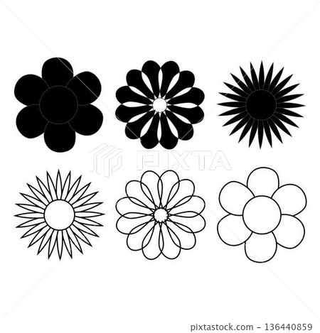 Collection of black daisy flower icons in solid silhouette and outline styles, perfect for logo design, branding, decorative elements, print, packaging, and modern botanical themed projects. 136440859