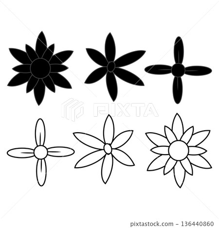 Collection of black daisy flower icons in solid silhouette and outline styles, perfect for logo design, branding, decorative elements, print, packaging, and modern botanical themed projects. Collection of black daisy flower icons in solid silhouette and outline styles, perfect for logo design, branding, decorative elements, print, packaging, and modern botanical themed projects. 136440860
