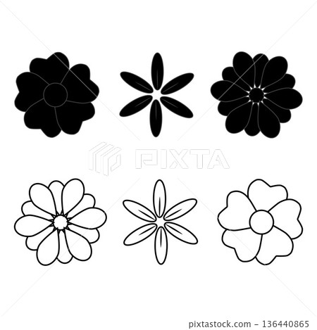 Collection of black daisy flower icons in solid silhouette and outline styles, perfect for logo design, branding, decorative elements, print, packaging, and modern botanical themed projects. 136440865
