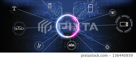 Diagram shows AI control at the center with links to smart devices like cars, appliances, health monitors, and user interfaces. Technology connects them all in a digital setup. 136440939