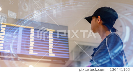 Checking flight information at the airport ■Filming cooperation: Kansai International Airport (KIX) 136441103