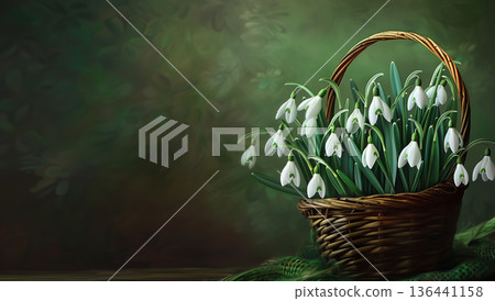 A beautiful basket of snowdrops against green background symbolizing spring 136441158