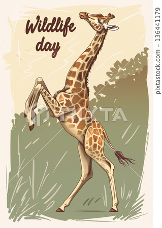 Giraffe with 'wildlife day' text in cursive on soft background 136441179