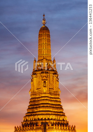 Twilight view of Wat Arun Ratchawararam Ratchawaramahawihan at sunset in bangkok Thailand. Landmark of Along the Chao Phraya River Thailand 136441253