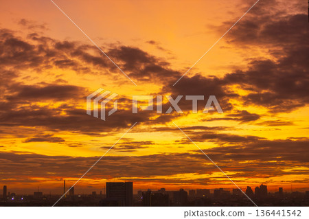 Silhouette of the city with the sky on sunset , Bangkok , Thailand Silhouette of the city with the sky on sunset , Bangkok , Thailand 136441542