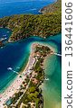 Aerial view of Oludeniz blue lagoon and sandbar beach with turquoise sea, boats and summer tourists enjoying famous Mediterranean resort coastline. Oludeniz, Turkey 136441606