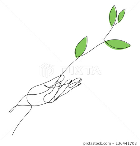Continuous line drawing of green plant growing from hand. Hand holding branch with leaves. Vector illustration Continuous line drawing of green plant growing from hand. Hand holding branch with leaves. Vector illustration 136441708