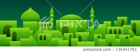 Arabic city panorama in pistachio green color with mosque silhouettes 136441763