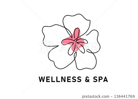 Wellness and spa logo with hibiscus flower line art. Minimalist tropical blossom vector for beauty salon, relaxation center, and health branding Wellness and spa logo with hibiscus flower line art. Minimalist tropical blossom vector for beauty salon, relaxation center, and health branding 136441769
