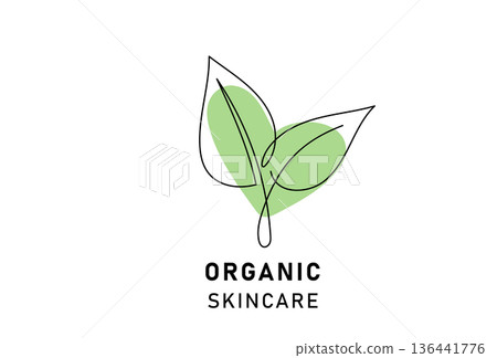 Organic skincare logo with leaves line art. Minimalist botanical leaf vector for natural cosmetics, eco branding, and wellness products 136441776