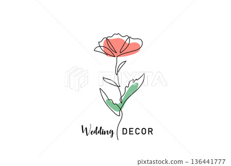 Wedding decor logo with flower line art. Minimalist floral blossom vector for event planning, marriage celebration, and boutique branding Wedding decor logo with flower line art. Minimalist floral blossom vector for event planning, marriage celebration, and boutique branding 136441777