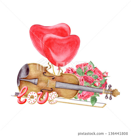 Watercolor Love Concept with Violin, Bouquet of Red Roses, Heart Shaped Balloons and Gingerbread Cookie with Word LOVE. Romantic Holiday Illustration Isolated on White. Watercolor Love Concept with Violin, Bouquet of Red Roses, Heart Shaped Balloons and Gingerbread Cookie with Word LOVE. Romantic Holiday Illustration Isolated on White. 136441808