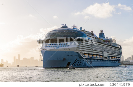 Miami, Florida, USA - November 03, 2024: Cruise ship in summer vacation. Cruise ship vacation and travel at sea. Luxury liner. Icon of the seas. Cruise ship vacation. Travel destination 136441979